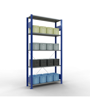 Büroregal Steckregal Grundregal 1800x750x300 mm, 5 Fachböden, 85 kg Fachlast, Kreuzstrebe, RAL 5010 enzianblau/verzinkt, ohne Anschlagleiste