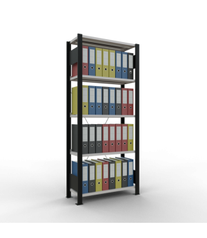 Büroregal Steckregal Grundregal 1800x750x300 mm, 5 Fachböden, 85 kg Fachlast, Kreuzstrebe, schwarz/RAL 7035 lichtgrau, mit Anschlagleiste