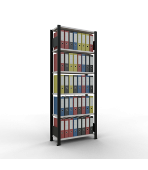 Büroregal Steckregal Grundregal 2000x750x300 mm, 6 Fachböden, 85 kg Fachlast, Kreuzstrebe, schwarz/RAL 7035 lichtgrau, ohne Anschlagleiste