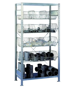Drahtgitterkorbregal Anbauregal 2000x1000x500 mm, verzinkt, 2 Fachböden, 4 Stück Drahtgitterkörbe 150 kg Fachlast