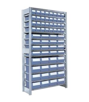Behälterregale RK mit 64 Regalkästen RK (in drei Größen), 1058×424×1850 mm, Behälterfarbe taubenblau