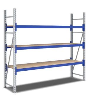 Weitspannregale System Flex mit Spanplattenböden, 2320×600×2000 mm, RAL 5010 Enzianblau