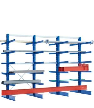 Kragarmregale Typ ES zweiseitige Nutzung, 1600×2180×3000 mm, RAL 5010 Enzianblau