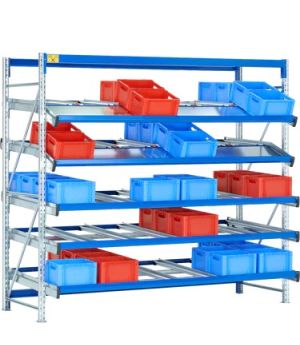 Stückgut-Durchlaufregale FLEX statisch, 3 Ebenen gerade, 2 Ebenen abgeknickt, 2500×2500 mm, RAL 5010 Enzianblau