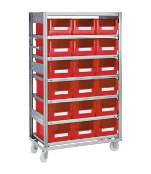 Regalwagen mit 18 Sichtlagerkästen SK, 1064×533×1815 mm, Behälterfarbe rot