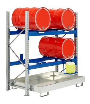 Fasslagerregale für 4 Fässer à 200 l, mit Auffangwanne, 1960×800×2000 mm, RAL 5010 Enzianblau