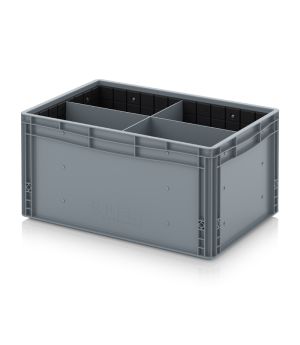 Eurobehälter mit Quer- und Längsteiler EG GEF QLT 6432 HG in silbergrau (RAL 7001), 600 × 400 mm